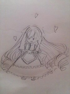 Rating: Safe Score: 0 Tags: 1girl auto_tagged dress frills full_body heart image juliet_sleeves long_hair long_sleeves monochrome smile solo spoken_heart suiseiseki traditional_media very_long_hair User: admin