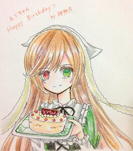 Rating: Safe Score: 0 Tags: 1girl bangs brown_hair cake closed_mouth dated dress eyebrows_visible_through_hair food frills green_dress green_eyes happy_birthday head_scarf heterochromia holding image long_hair long_sleeves looking_at_viewer red_eyes smile solo suiseiseki traditional_media very_long_hair User: admin
