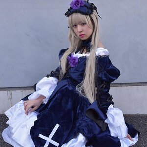 Rating: Safe Score: 0 Tags: 1girl bangs black_dress blonde_hair dress flower frills lips long_hair long_sleeves purple_rose rose sitting solo suigintou User: admin