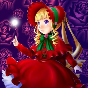 Rating: Safe Score: 0 Tags: 1girl blonde_hair blue_eyes bonnet bow bowtie dress drill_hair flower frills green_bow green_neckwear image long_hair long_sleeves red_dress rose shinku solo twin_drills twintails User: admin