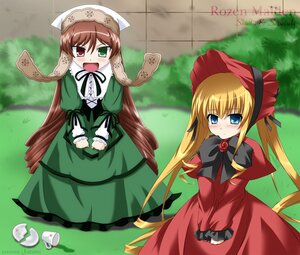 Rating: Safe Score: 0 Tags: 2girls blonde_hair blue_eyes blush bonnet brown_hair cup dress green_eyes hat heterochromia image long_hair long_sleeves multiple_girls open_mouth outdoors pair red_dress shinku suiseiseki teacup twintails very_long_hair watering_can User: admin