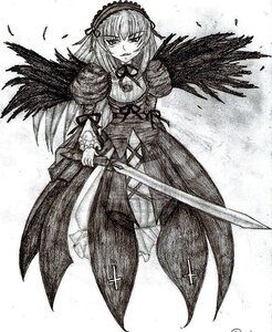 Rating: Safe Score: 0 Tags: 1girl black_wings dress flower frills greyscale hairband holding holding_weapon image long_hair long_sleeves looking_at_viewer monochrome rose solo standing suigintou traditional_media weapon white_background wings User: admin