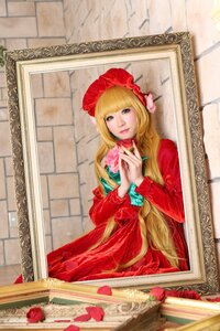 Rating: Safe Score: 0 Tags: 1girl blonde_hair blue_eyes bonnet dress flower long_hair long_sleeves looking_at_viewer own_hands_together red_dress rose shinku solo User: admin
