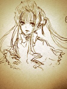 Rating: Safe Score: 0 Tags: 1girl dress image long_hair long_sleeves looking_at_viewer monochrome photo shinku solo traditional_media twintails upper_body User: admin