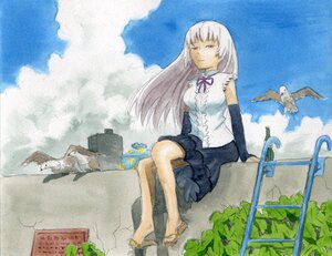 Rating: Safe Score: 0 Tags: 1girl animal auto_tagged bird cat cloud day image long_hair red_eyes sitting skirt sky smile solo suigintou traditional_media watercolor_(medium) white_hair User: admin