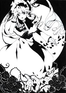 Rating: Safe Score: 0 Tags: 1girl dress drill_hair flower frills greyscale image long_hair long_sleeves monochrome open_mouth petals red_flower red_rose rose rose_petals shinku solo thorns twin_drills twintails white_rose User: admin