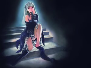 Rating: Safe Score: 0 Tags: 1girl bangs bare_legs bare_shoulders black_dress blunt_bangs boots breasts collarbone dress frills gothic_lolita hairband highres image light_rays lolita_fashion lolita_hairband long_hair long_sleeves looking_at_viewer red_eyes rozen_maiden silver_hair sitting solo spotlight stairs suigintou toshi_hiroshi User: admin