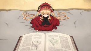 Rating: Safe Score: 0 Tags: 1girl blonde_hair book bow dress image long_hair open_book red_dress shinku sleeping solo twintails yellow_eyes User: admin