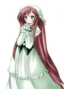 Rating: Safe Score: 0 Tags: 1girl blush brown_hair dress frills green_dress green_eyes head_scarf heterochromia image long_hair long_sleeves looking_at_viewer red_eyes simple_background smile solo suiseiseki very_long_hair white_background User: admin