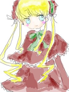 Rating: Safe Score: 0 Tags: 1girl bangs blonde_hair blue_eyes blush_stickers bonnet bow bowtie dress green_bow green_neckwear image long_hair long_sleeves looking_at_viewer shinku simple_background smile solo white_background User: admin