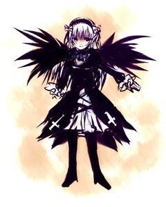 Rating: Safe Score: 0 Tags: 1girl black_wings boots dress feathered_wings frills full_body hairband image long_hair long_sleeves looking_at_viewer rose smile solo standing suigintou wings User: admin