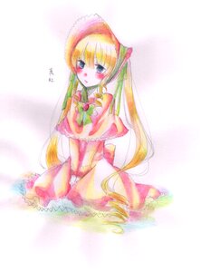 Rating: Safe Score: 0 Tags: 1girl blonde_hair blue_eyes blush bonnet bow bowtie capelet dress full_body image long_hair long_sleeves looking_at_viewer red_dress shinku sitting solo twintails v_arms very_long_hair User: admin