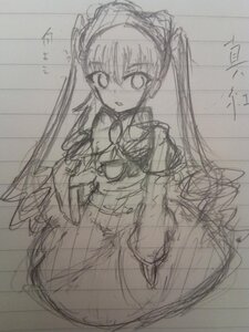 Rating: Safe Score: 0 Tags: 1girl dress image long_hair long_sleeves looking_at_viewer monochrome shinku simple_background sketch solo twintails User: admin