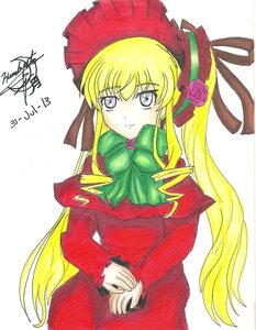 Rating: Safe Score: 0 Tags: 1girl blonde_hair blue_eyes bonnet bow bowtie dress flower green_bow green_neckwear image long_hair long_sleeves looking_at_viewer pink_flower pink_rose red_dress rose shinku sidelocks signature simple_background solo traditional_media v_arms white_background User: admin