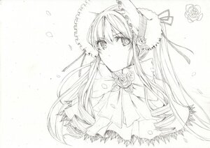 Rating: Safe Score: 0 Tags: 1girl bonnet flower image long_hair looking_at_viewer monochrome ribbon rose shinku solo traditional_media twintails upper_body User: admin