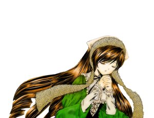 Rating: Safe Score: 0 Tags: 1girl brown_hair closed_eyes dress green_dress hat head_scarf image long_hair long_sleeves praying simple_background solo suiseiseki upper_body very_long_hair white_background User: admin