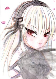 Rating: Safe Score: 0 Tags: 1girl bangs black_ribbon blush closed_mouth dress eyebrows_visible_through_hair flower hairband image long_hair long_sleeves looking_at_viewer petals red_eyes ribbon rose smile solo suigintou traditional_media upper_body User: admin