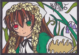 Rating: Safe Score: 0 Tags: 1girl brown_hair closed_mouth dress flower green_eyes head_scarf heterochromia image leaf long_hair looking_at_viewer plant red_eyes ribbon simple_background smile solo suiseiseki User: admin