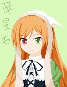 Rating: Safe Score: 0 Tags: 1girl green_background green_eyes head_scarf heterochromia image long_hair looking_at_viewer red_eyes simple_background smile solo suiseiseki upper_body User: admin