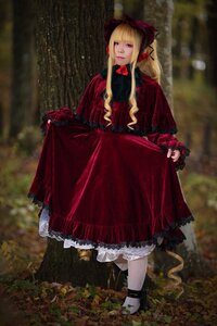 Rating: Safe Score: 0 Tags: 1girl blonde_hair blue_eyes blurry blurry_background bonnet bow dress flower long_hair long_sleeves photo red_dress shinku solo standing User: admin