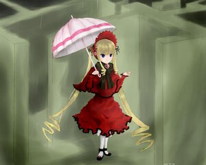 Rating: Safe Score: 0 Tags: 1girl blonde_hair blue_eyes bonnet bow dress drill_hair full_body image long_hair long_sleeves red_dress shinku shoes solo standing twintails umbrella very_long_hair white_legwear User: admin