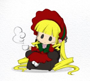 Rating: Safe Score: 0 Tags: 1girl blonde_hair bonnet bow chibi cup dress flower hat holding_cup image long_hair long_sleeves rose shinku simple_background sitting solo teacup User: admin