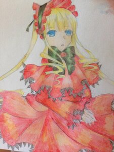 Rating: Safe Score: 0 Tags: 1girl :o blonde_hair blue_eyes bonnet bow cowboy_shot dress flower frills image long_hair long_sleeves looking_at_viewer marker_(medium) open_mouth photo shinku simple_background solo traditional_media User: admin