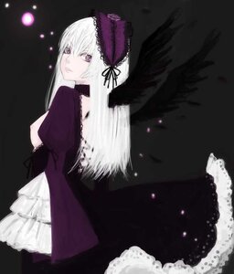 Rating: Safe Score: 0 Tags: 1girl black_wings detached_collar dress frills hairband image lolita_hairband long_hair long_sleeves looking_at_viewer looking_back silver_hair solo suigintou wings User: admin