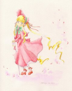 Rating: Safe Score: 0 Tags: 1girl blonde_hair blue_eyes bonnet bow dress flower full_body image long_hair long_sleeves looking_at_viewer petals red_dress shinku solo standing twintails umbrella very_long_hair User: admin