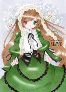 Rating: Safe Score: 0 Tags: 1girl brown_hair dress flower frills green_dress green_eyes heterochromia image long_hair long_sleeves looking_at_viewer red_eyes ribbon simple_background solo suiseiseki very_long_hair User: admin