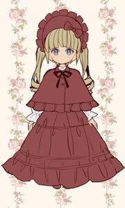 Rating: Safe Score: 0 Tags: 1girl blonde_hair blue_eyes blush bonnet bow bowtie capelet dress flower full_body image long_hair long_sleeves looking_at_viewer red_capelet red_dress rose shinku solo standing striped twintails User: admin