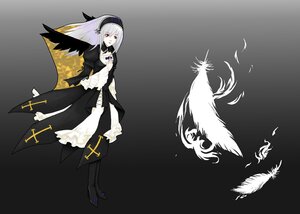 Rating: Safe Score: 0 Tags: 1girl bangs bird black_dress black_feathers closed_mouth dress feathers flower frills full_body gradient gradient_background grey_background hairband image juliet_sleeves long_sleeves looking_at_viewer puffy_sleeves red_eyes silver_hair solo standing suigintou wings User: admin