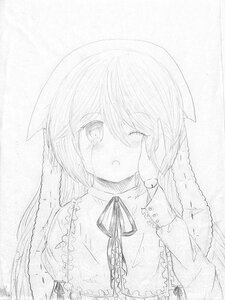 Rating: Safe Score: 0 Tags: 1girl blush graphite_(medium) greyscale image long_sleeves looking_at_viewer monochrome one_eye_closed ribbon solo suiseiseki traditional_media upper_body User: admin