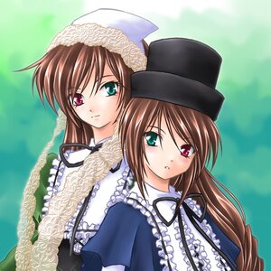 Rating: Safe Score: 0 Tags: 2girls blue_dress brown_hair dress frills green_background green_dress green_eyes hat head_scarf heterochromia image long_hair long_sleeves looking_at_viewer multiple_girls pair red_eyes siblings sisters souseiseki suiseiseki twins User: admin