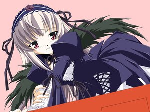 Rating: Safe Score: 0 Tags: 1girl black_wings detached_collar dress flower frills hairband image long_hair long_sleeves looking_at_viewer pink_eyes rose silver_hair simple_background smile solo suigintou wings User: admin