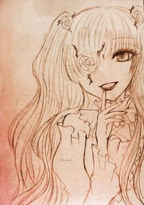 Rating: Safe Score: 0 Tags: 1girl flower frills hair_flower hair_ornament image kirakishou long_hair looking_at_viewer monochrome open_mouth rose smile solo traditional_media User: admin