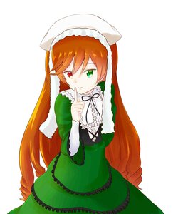 Rating: Safe Score: 0 Tags: 1girl black_ribbon dress finger_to_mouth frills green_dress green_eyes hat head_scarf heterochromia image index_finger_raised long_hair long_sleeves looking_at_viewer orange_hair red_eyes ribbon simple_background solo suiseiseki very_long_hair white_background User: admin