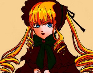Rating: Safe Score: 0 Tags: 1girl bangs blonde_hair blue_eyes bonnet bow bowtie dress drill_hair green_bow image long_hair long_sleeves looking_at_viewer red_dress ribbon shinku simple_background solo twin_drills twintails upper_body yellow_background User: admin