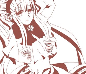 Rating: Safe Score: 0 Tags: 1girl blush dress drill_hair flower image long_hair long_sleeves monochrome rose shinku solo striped User: admin