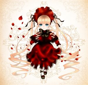 Rating: Safe Score: 0 Tags: 1girl blonde_hair blue_eyes bonnet bow bowtie dress flower full_body image long_hair long_sleeves looking_at_viewer petals red_dress rose shinku shoes solo twintails very_long_hair white_legwear User: admin