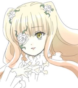 Rating: Safe Score: 0 Tags: 1girl bangs blonde_hair flower hair_ornament image kirakishou long_hair parted_lips rose simple_background solo striped white_background white_flower white_rose yellow_eyes User: admin