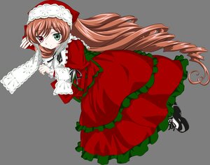 Rating: Safe Score: 0 Tags: 1girl brown_hair dress drill_hair frills full_body green_eyes heterochromia image long_hair long_sleeves looking_at_viewer red_eyes ribbon shoes solo style_parody suiseiseki transparent_background very_long_hair white_legwear User: admin