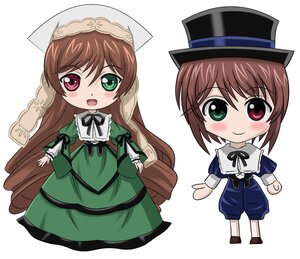 Rating: Safe Score: 0 Tags: 2girls :d blue_dress blush brown_hair chibi dress green_dress green_eyes hat heterochromia image long_hair long_sleeves looking_at_viewer multiple_girls open_mouth pair red_eyes ribbon siblings sisters smile souseiseki suiseiseki top_hat twins very_long_hair white_background User: admin