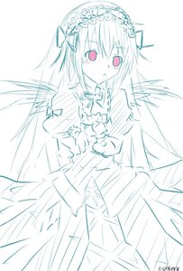 Rating: Safe Score: 0 Tags: 1girl blush dress eyebrows_visible_through_hair frills hairband image juliet_sleeves lolita_hairband long_hair long_sleeves looking_at_viewer monochrome puffy_sleeves ribbon simple_background solo suigintou very_long_hair white_background wings User: admin