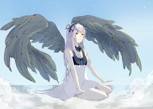 Rating: Safe Score: 0 Tags: 1girl bare_shoulders breasts day dress feathered_wings feathers image long_hair red_eyes ribbon silver_hair sitting sky sleeveless solo suigintou wings User: admin