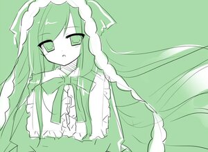 Rating: Safe Score: 0 Tags: 1girl bangs bow dress eyebrows_visible_through_hair frills green_background green_eyes green_theme image long_hair looking_at_viewer monochrome simple_background solo suiseiseki User: admin