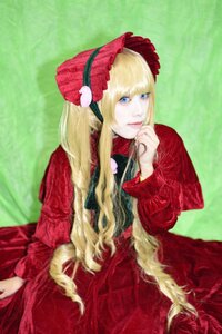Rating: Safe Score: 0 Tags: 1girl bangs blonde_hair blue_eyes bonnet dress flower hand_up lips long_hair long_sleeves looking_at_viewer red_dress shinku solo traditional_media User: admin