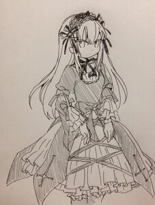 Rating: Safe Score: 0 Tags: 1girl bangs closed_mouth dress eyebrows_visible_through_hair frilled_hairband frills greyscale hairband image long_hair long_sleeves looking_at_viewer monochrome ribbon solo suigintou traditional_media wide_sleeves User: admin