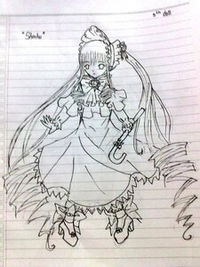 Rating: Safe Score: 0 Tags: 1girl bonnet boots bow bowtie dress full_body greyscale hat image long_hair long_sleeves looking_at_viewer monochrome shinku solo standing traditional_media twintails very_long_hair User: admin