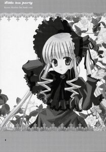 Rating: Safe Score: 0 Tags: 1girl dress flower greyscale image long_hair long_sleeves looking_at_viewer monochrome rose shinku solo twintails umbrella User: admin